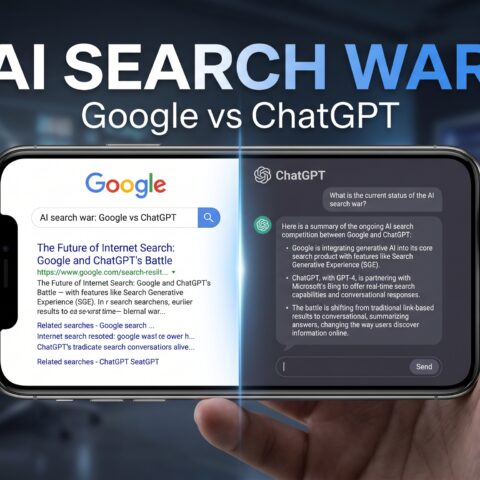 Split-screen technology news graphic showing Google Search and ChatGPT interfaces competing as AI-powered search transforms the future of internet browsing.