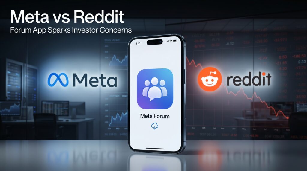 Editorial-style technology news image showing Meta’s new Forum app on a smartphone with Meta and Reddit branding in the background as Reddit shares decline following the app launch.