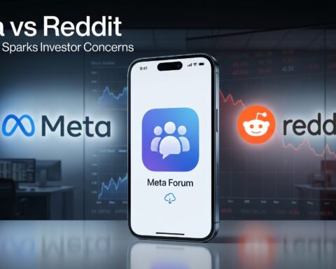 Editorial-style technology news image showing Meta’s new Forum app on a smartphone with Meta and Reddit branding in the background as Reddit shares decline following the app launch.