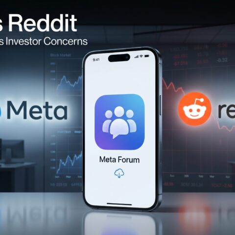 Editorial-style technology news image showing Meta’s new Forum app on a smartphone with Meta and Reddit branding in the background as Reddit shares decline following the app launch.