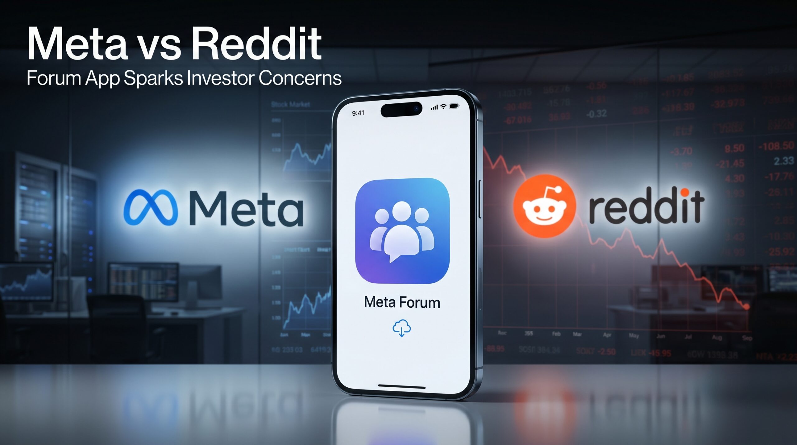 Editorial-style technology news image showing Meta’s new Forum app on a smartphone with Meta and Reddit branding in the background as Reddit shares decline following the app launch.
