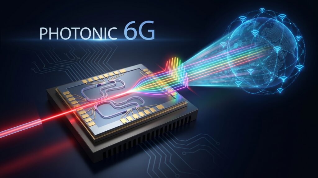 Scientific visualization of 6G microcomb communication technology showing optical signal transmission, photonic networking, and ultra-fast wireless data systems.