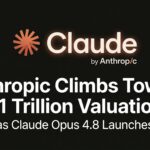 Anthropic and Claude AI branding displayed on a minimalist dark background with a headline highlighting the company's approach toward a $1 trillion valuation and the launch of Claude Opus 4.8.
