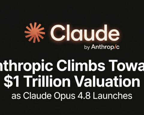 Anthropic and Claude AI branding displayed on a minimalist dark background with a headline highlighting the company's approach toward a $1 trillion valuation and the launch of Claude Opus 4.8.
