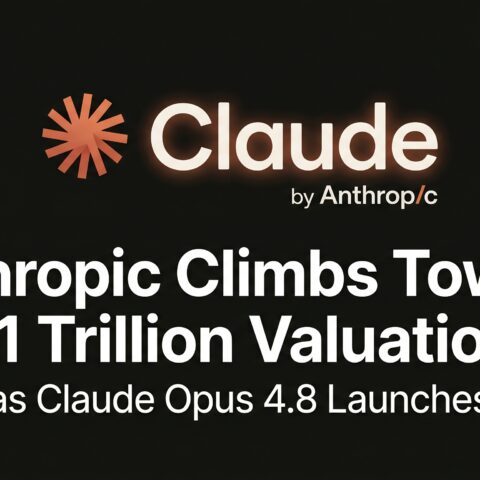 Anthropic and Claude AI branding displayed on a minimalist dark background with a headline highlighting the company's approach toward a $1 trillion valuation and the launch of Claude Opus 4.8.