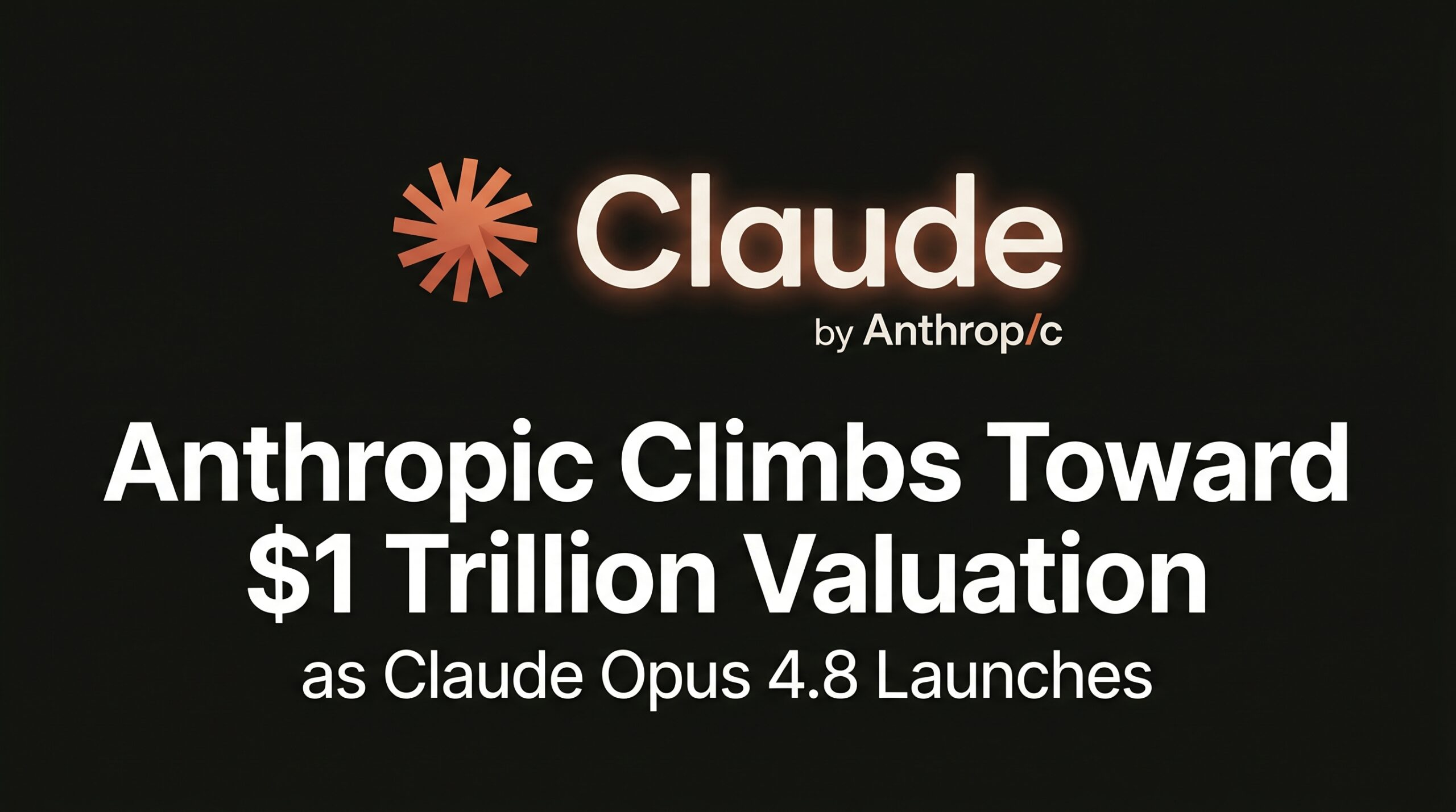 Anthropic and Claude AI branding displayed on a minimalist dark background with a headline highlighting the company's approach toward a $1 trillion valuation and the launch of Claude Opus 4.8.