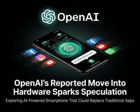 OpenAI logo above futuristic smartphone with glowing AI interface, traditional apps fading away, on dark background. Headline: OpenAI’s Reported Move Into Hardware Sparks Speculation