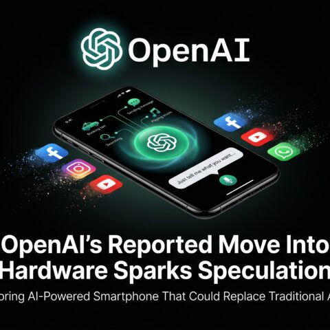 OpenAI logo above futuristic smartphone with glowing AI interface, traditional apps fading away, on dark background. Headline: OpenAI’s Reported Move Into Hardware Sparks Speculation