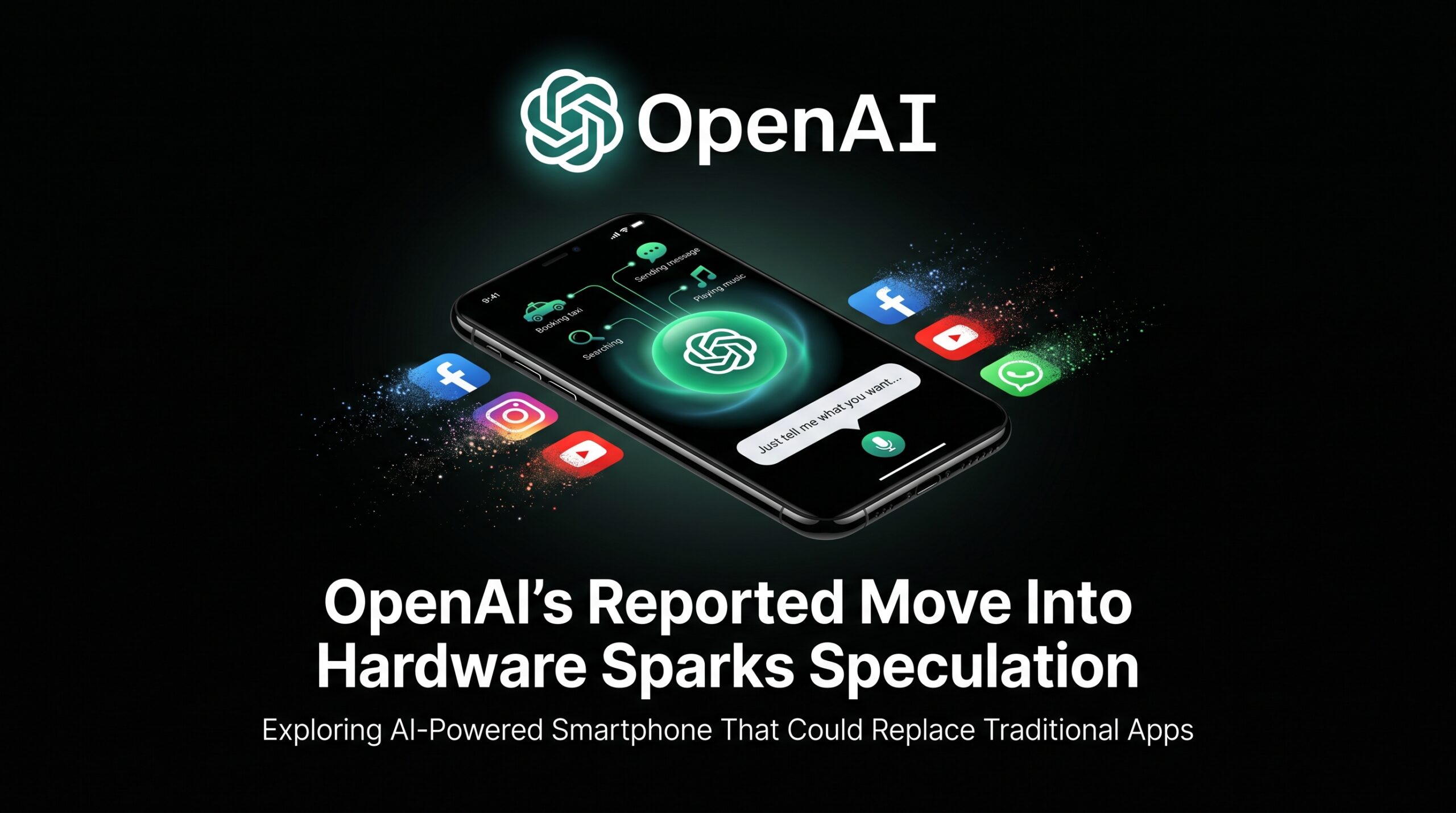 OpenAI logo above futuristic smartphone with glowing AI interface, traditional apps fading away, on dark background. Headline: OpenAI’s Reported Move Into Hardware Sparks Speculation