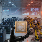 Advanced AI semiconductor chip inside a futuristic manufacturing facility symbolizing the growing artificial intelligence competition between the United States and China.