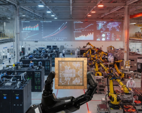 Advanced AI semiconductor chip inside a futuristic manufacturing facility symbolizing the growing artificial intelligence competition between the United States and China.