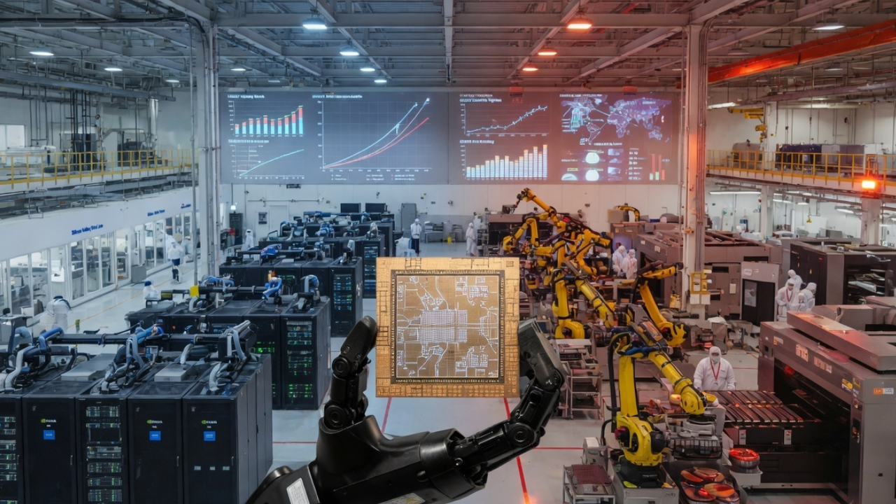 Advanced AI semiconductor chip inside a futuristic manufacturing facility symbolizing the growing artificial intelligence competition between the United States and China.
