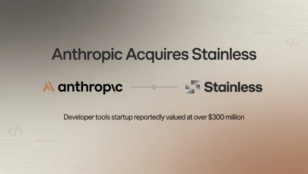 Minimal AI industry acquisition graphic showing Anthropic acquiring developer tools startup Stainless in a major enterprise AI infrastructure deal.