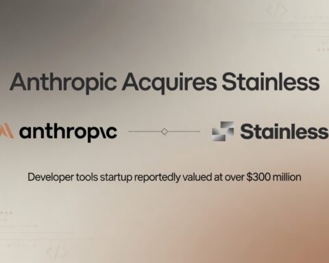 Minimal AI industry acquisition graphic showing Anthropic acquiring developer tools startup Stainless in a major enterprise AI infrastructure deal.