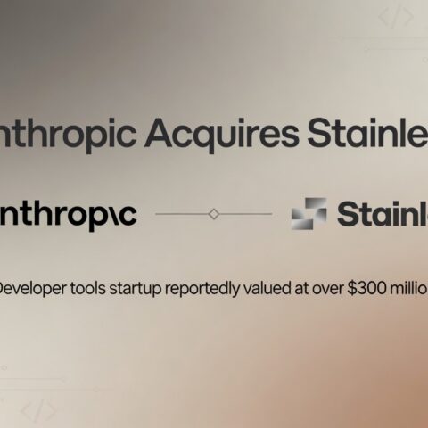 Minimal AI industry acquisition graphic showing Anthropic acquiring developer tools startup Stainless in a major enterprise AI infrastructure deal.