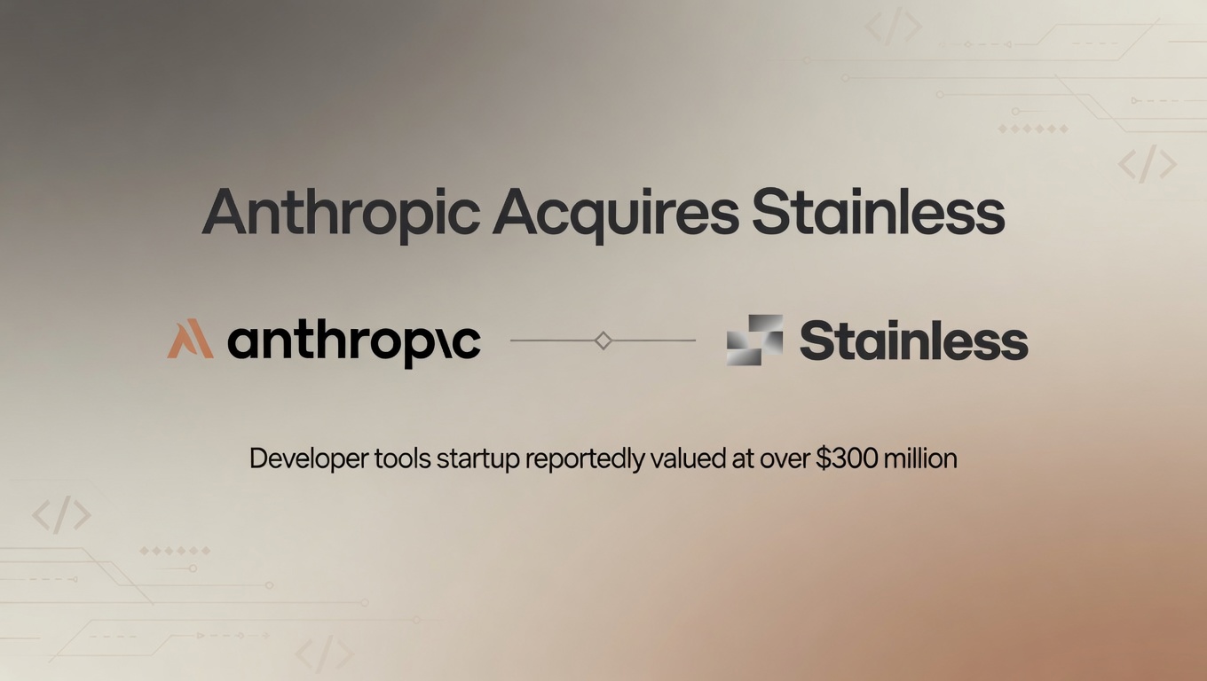 Minimal AI industry acquisition graphic showing Anthropic acquiring developer tools startup Stainless in a major enterprise AI infrastructure deal.