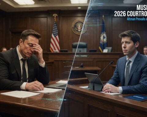 Cinematic courtroom-style image showing Elon Musk and Sam Altman during a dramatic legal battle involving OpenAI and the AI industry in 2026.