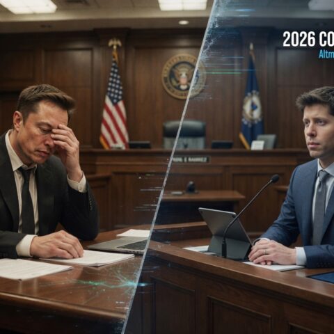 Cinematic courtroom-style image showing Elon Musk and Sam Altman during a dramatic legal battle involving OpenAI and the AI industry in 2026.