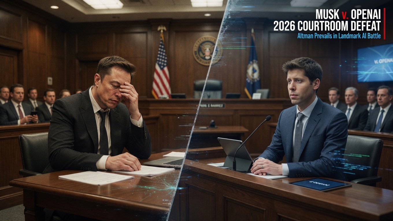 Cinematic courtroom-style image showing Elon Musk and Sam Altman during a dramatic legal battle involving OpenAI and the AI industry in 2026.