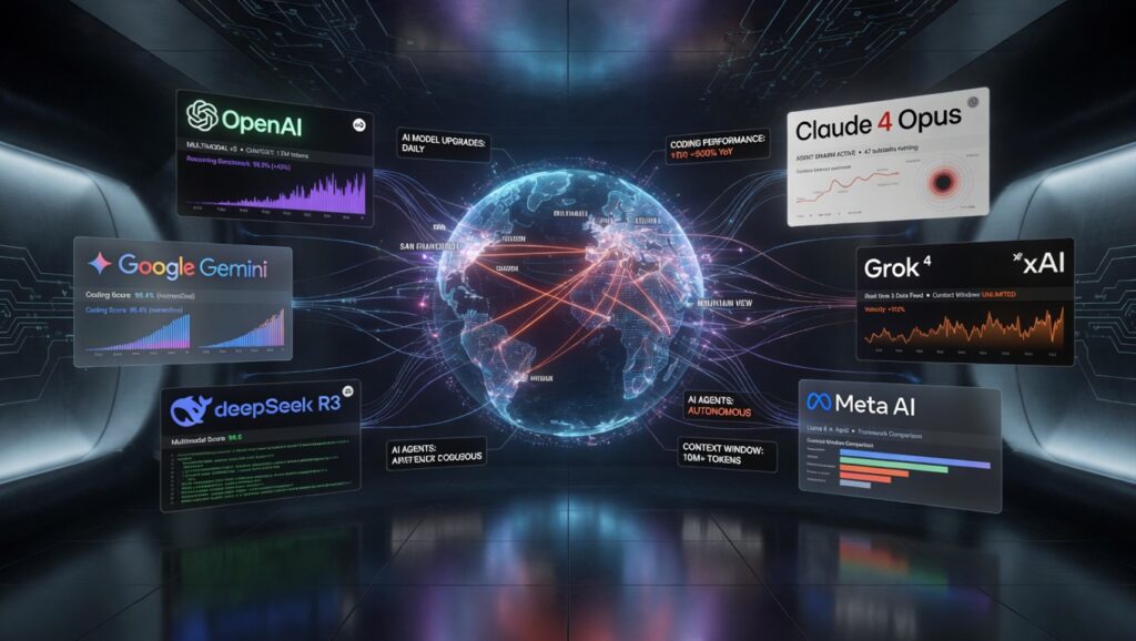 Futuristic AI industry command center showing major AI platforms competing in the rapidly accelerating AI model race of 2026.