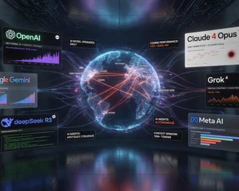 Futuristic AI industry command center showing major AI platforms competing in the rapidly accelerating AI model race of 2026.
