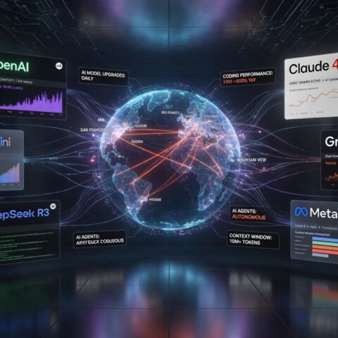Futuristic AI industry command center showing major AI platforms competing in the rapidly accelerating AI model race of 2026.