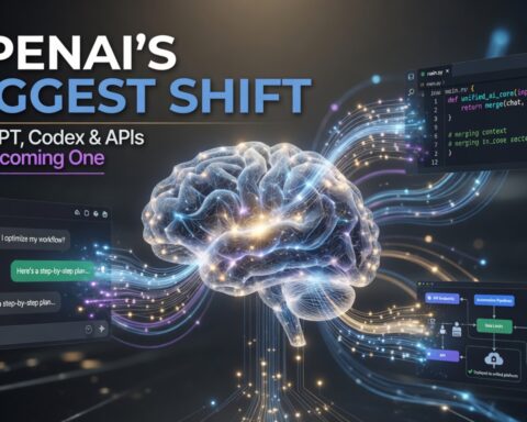 Futuristic AI news thumbnail showing a glowing artificial intelligence core merging chat, coding and developer systems together to represent OpenAI restructuring ChatGPT, Codex and API platforms.