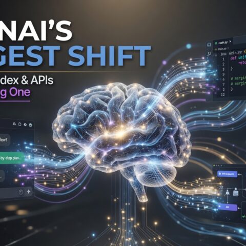 Futuristic AI news thumbnail showing a glowing artificial intelligence core merging chat, coding and developer systems together to represent OpenAI restructuring ChatGPT, Codex and API platforms.