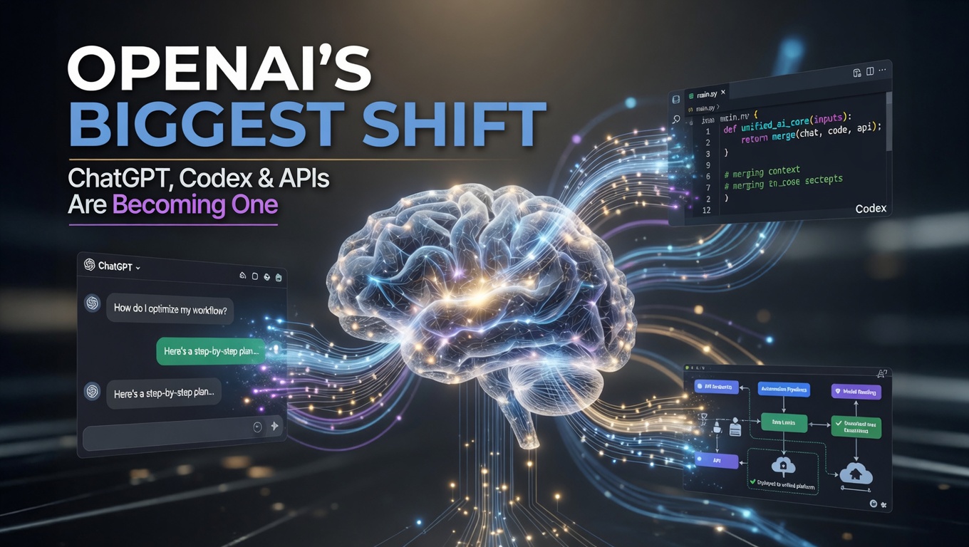 Futuristic AI news thumbnail showing a glowing artificial intelligence core merging chat, coding and developer systems together to represent OpenAI restructuring ChatGPT, Codex and API platforms.