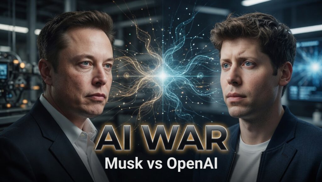 Cinematic AI news thumbnail showing Elon Musk and Sam Altman facing each other with a glowing artificial intelligence core between them representing the growing conflict over OpenAI and the future of AI.