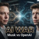 Cinematic AI news thumbnail showing Elon Musk and Sam Altman facing each other with a glowing artificial intelligence core between them representing the growing conflict over OpenAI and the future of AI.