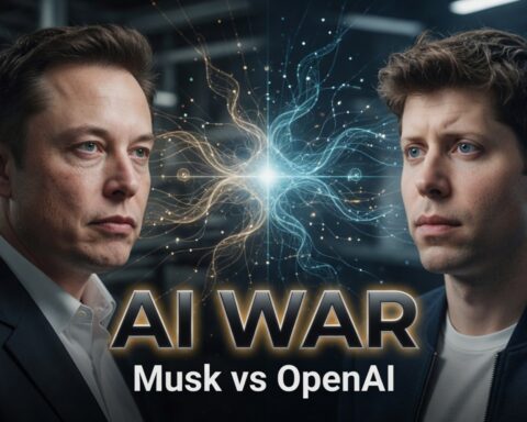 Cinematic AI news thumbnail showing Elon Musk and Sam Altman facing each other with a glowing artificial intelligence core between them representing the growing conflict over OpenAI and the future of AI.