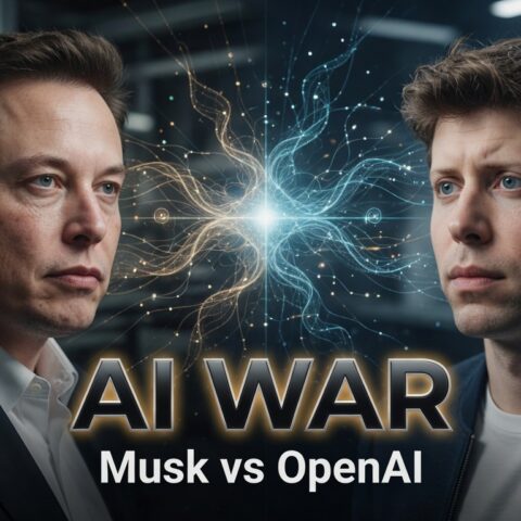 Cinematic AI news thumbnail showing Elon Musk and Sam Altman facing each other with a glowing artificial intelligence core between them representing the growing conflict over OpenAI and the future of AI.