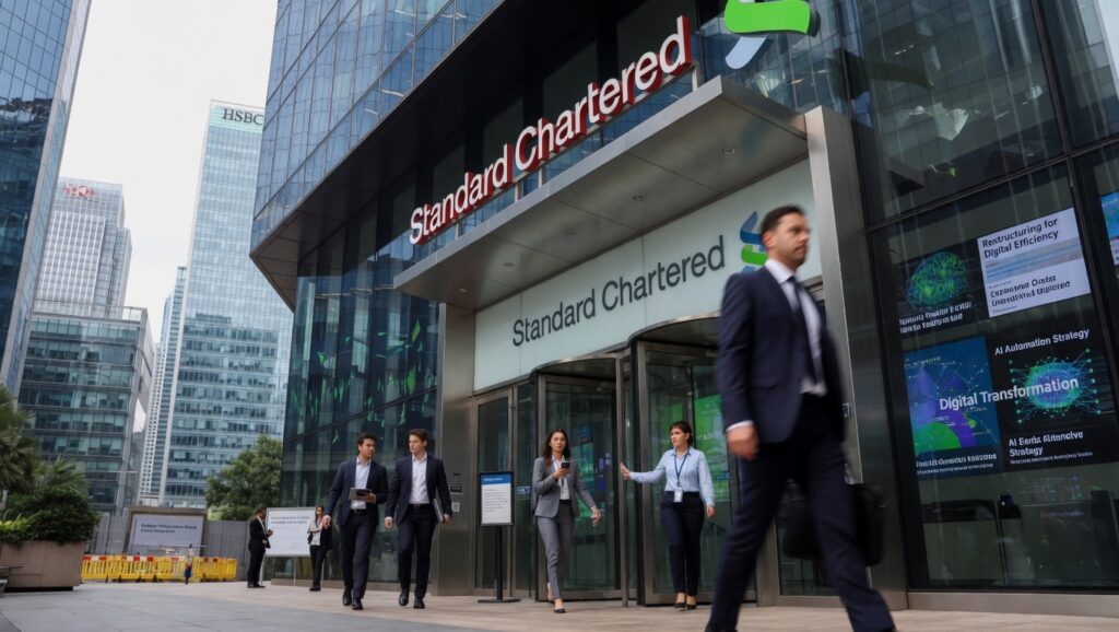 Employees walk past the Standard Chartered headquarters building in a modern financial district as the bank announces major AI-driven job cuts and restructuring plans.