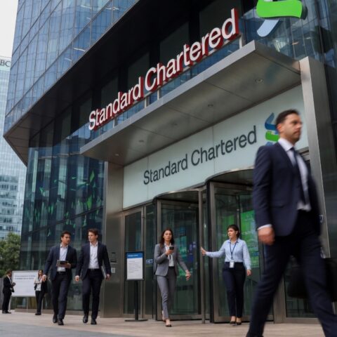 Employees walk past the Standard Chartered headquarters building in a modern financial district as the bank announces major AI-driven job cuts and restructuring plans.